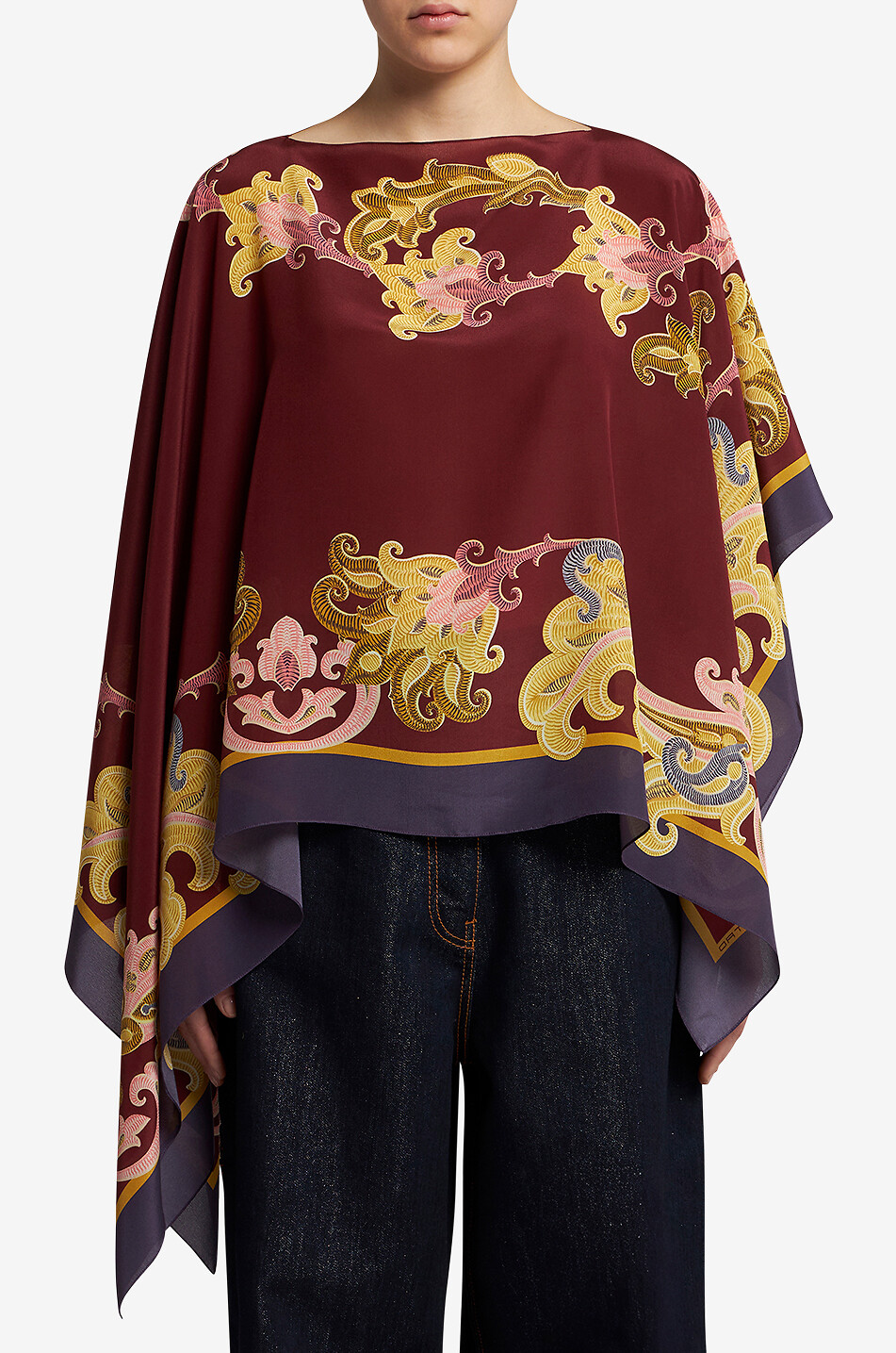 Paisley Placé short asymmetric silk poncho