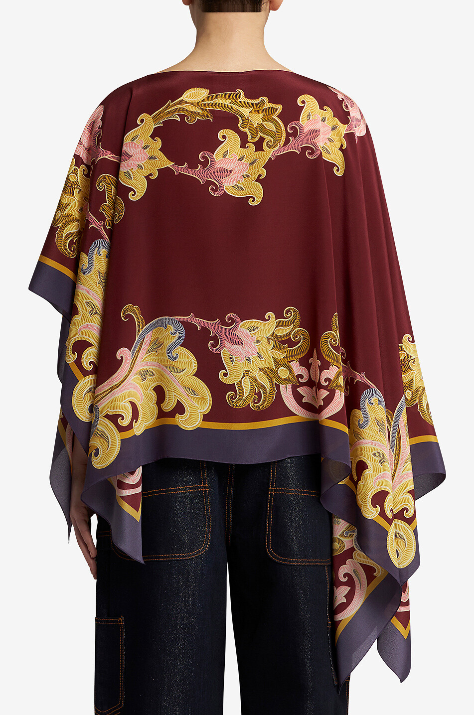 Paisley Placé short asymmetric silk poncho