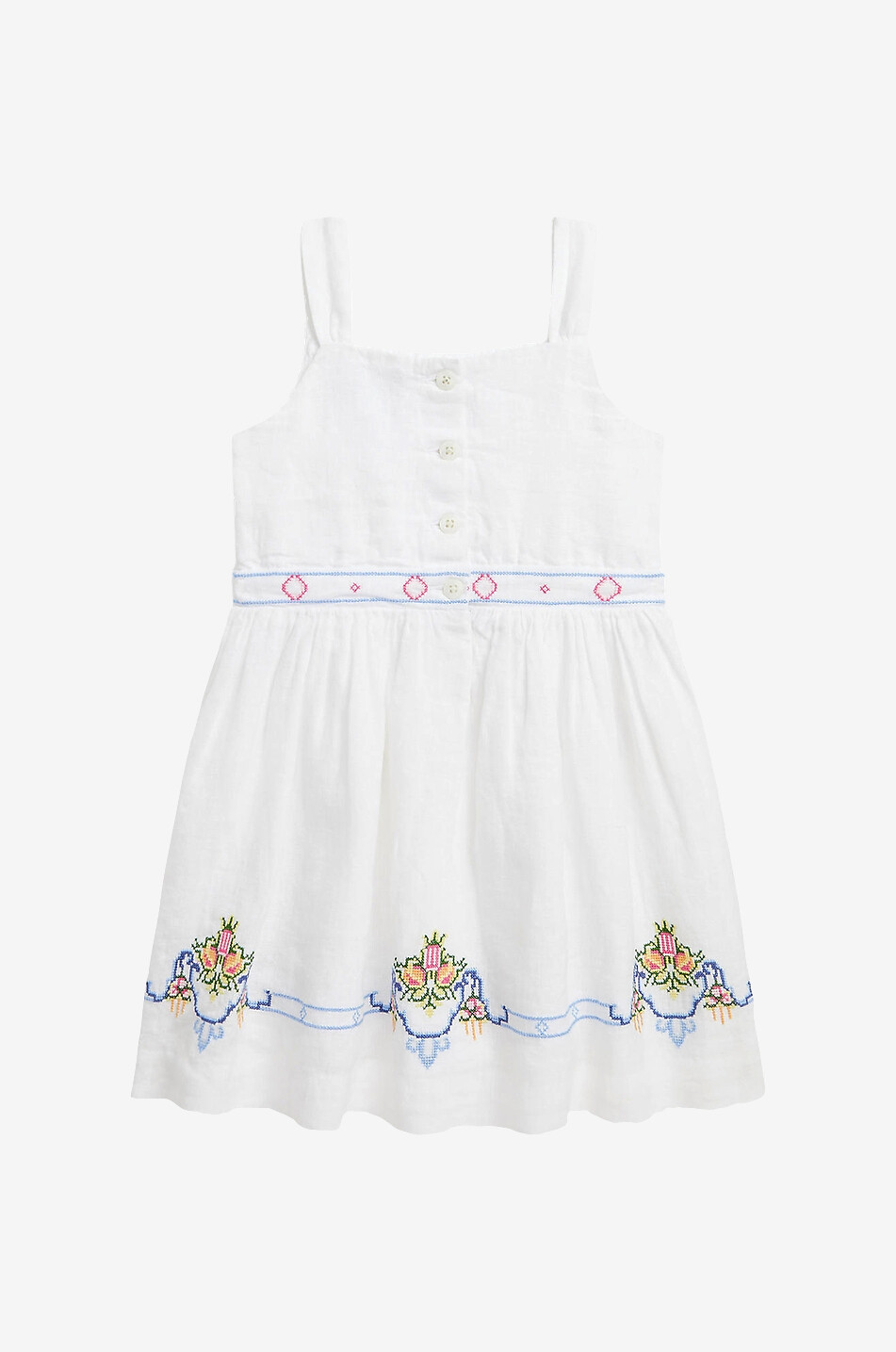 Mädchen-Trägerkleid aus Leinen mit Blütenstickereien