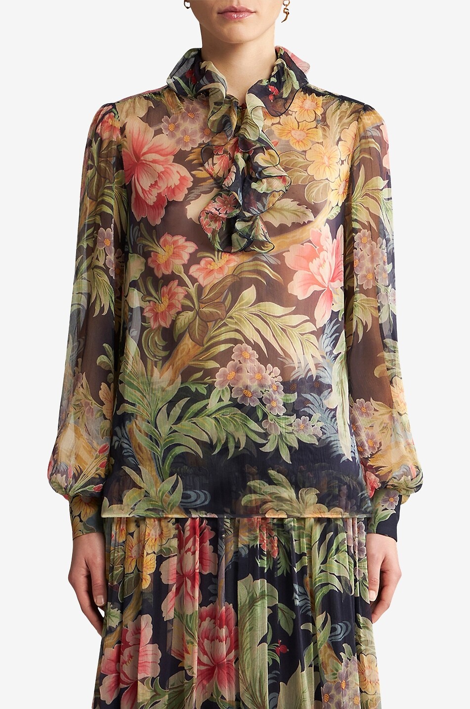 Blouse en georgette de soie à volants et imprimé floral