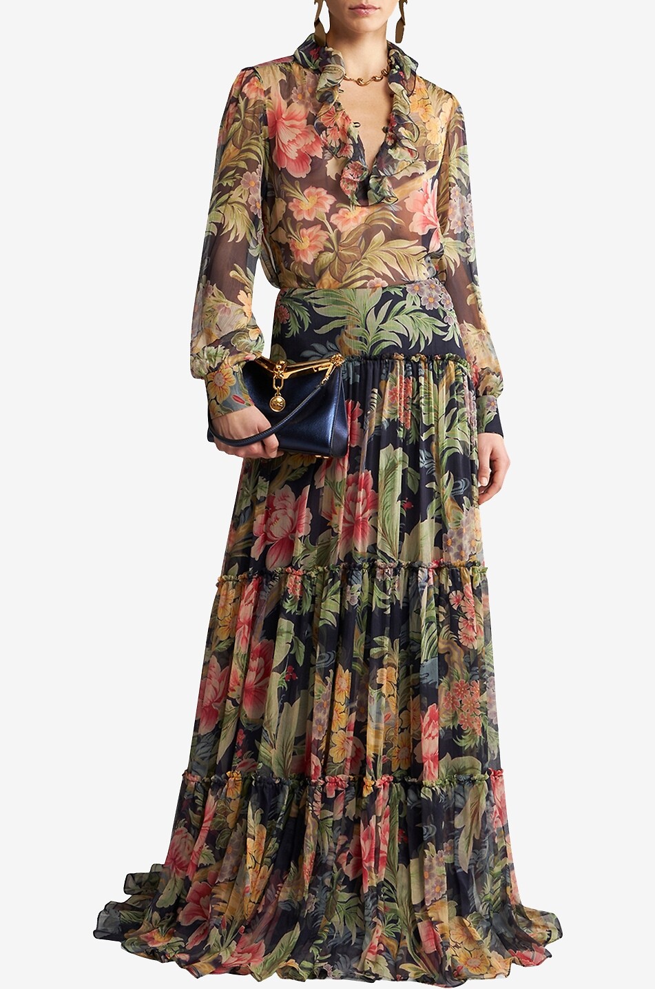 Seiden-Georgettebluse mit Rüschen und Blütenprint