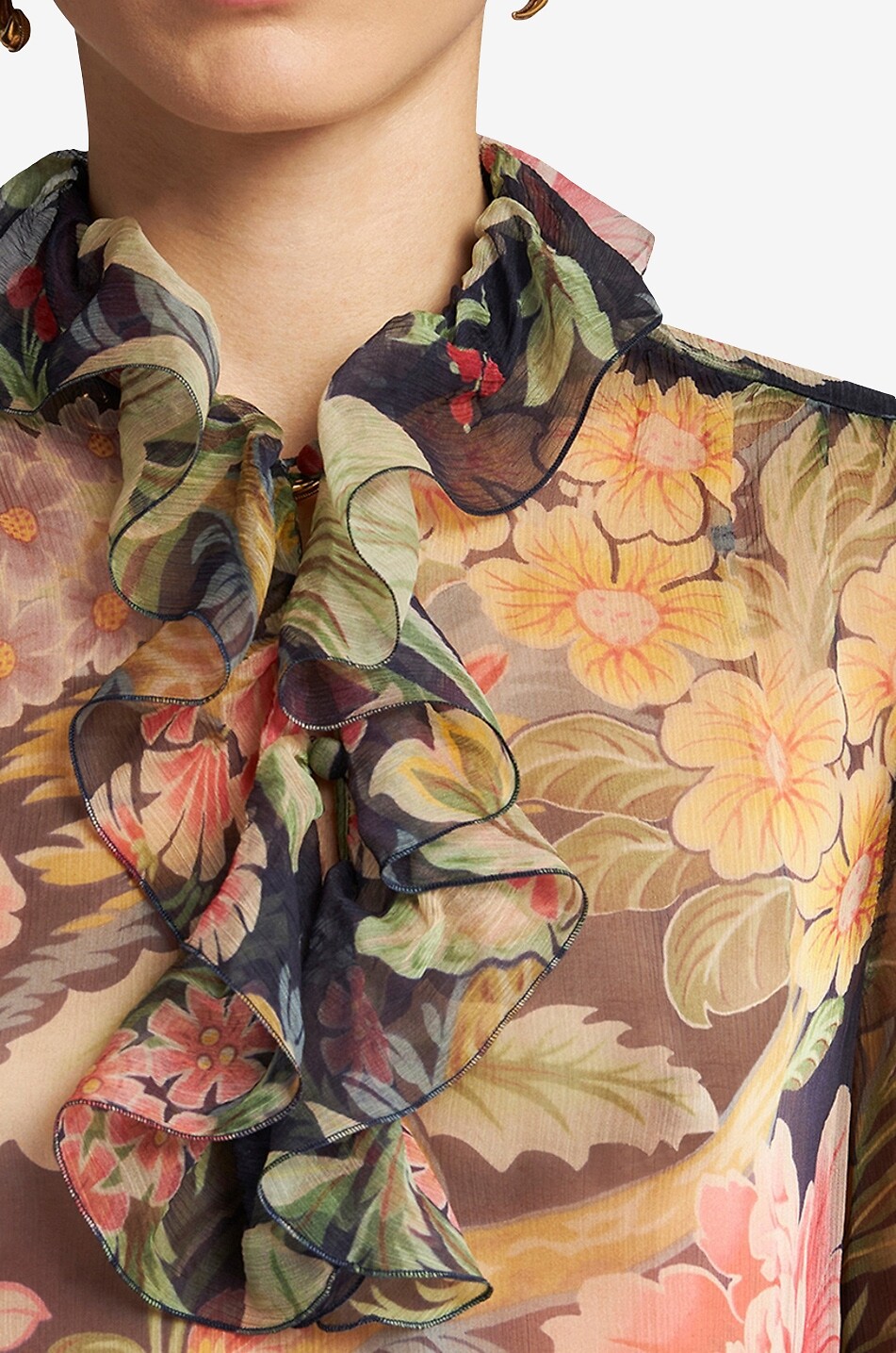 Blouse en georgette de soie à volants et imprimé floral