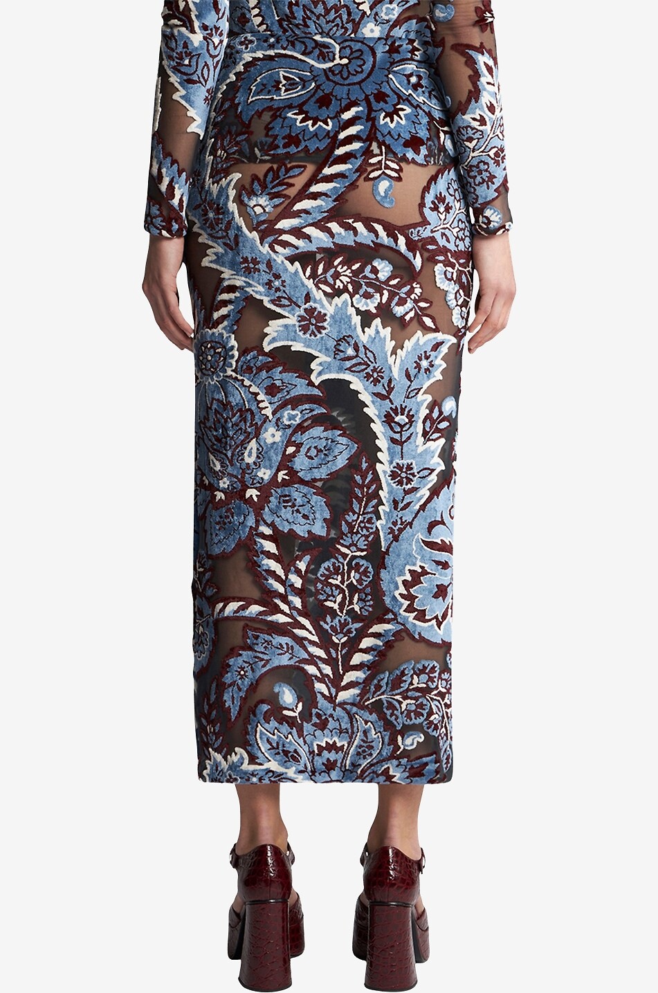 Jupe crayon en velours dévoré et tulle motif tapisserie
