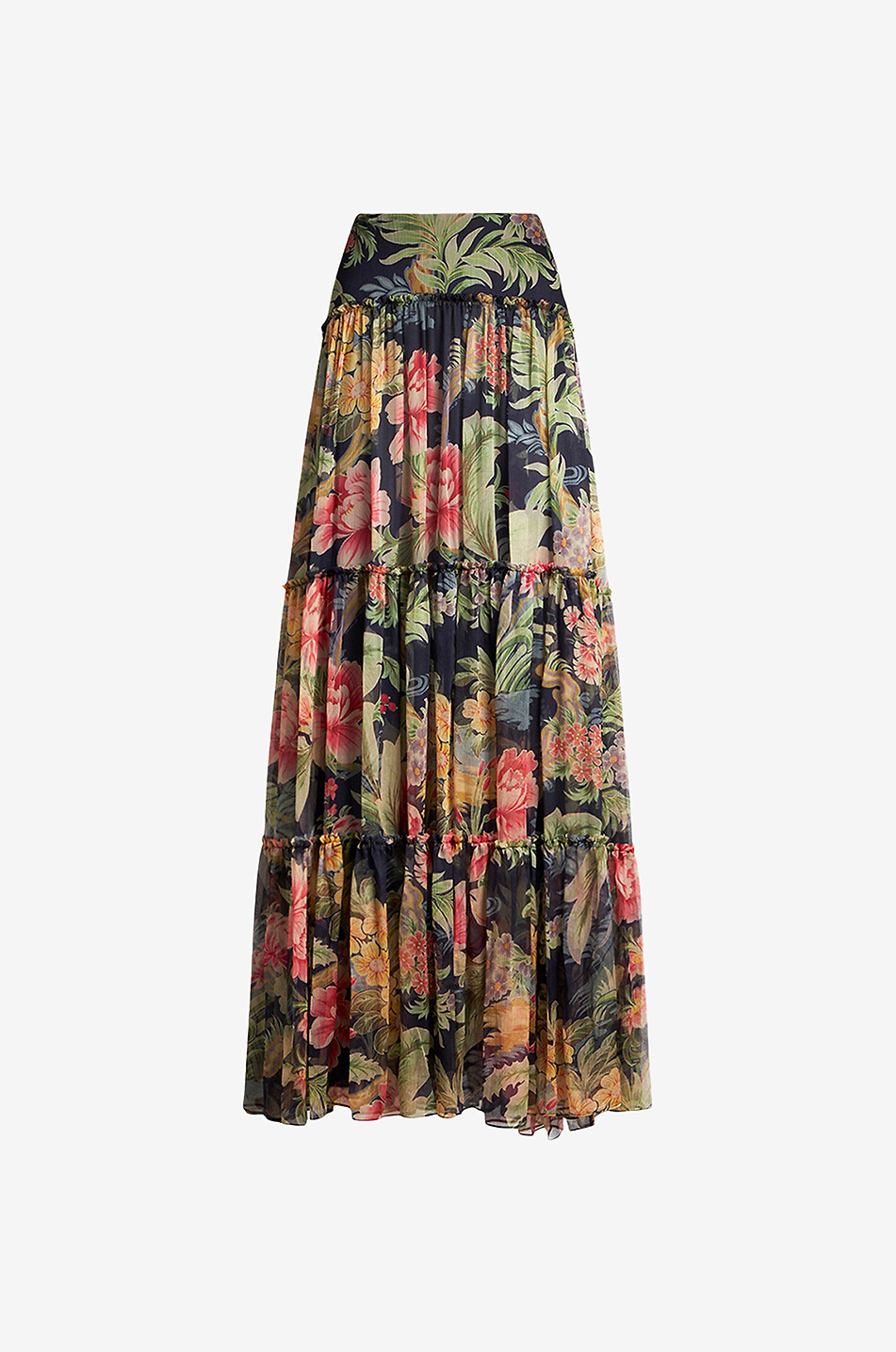 Ausgestellter Maxirock aus geblümtem Seidengeorgette