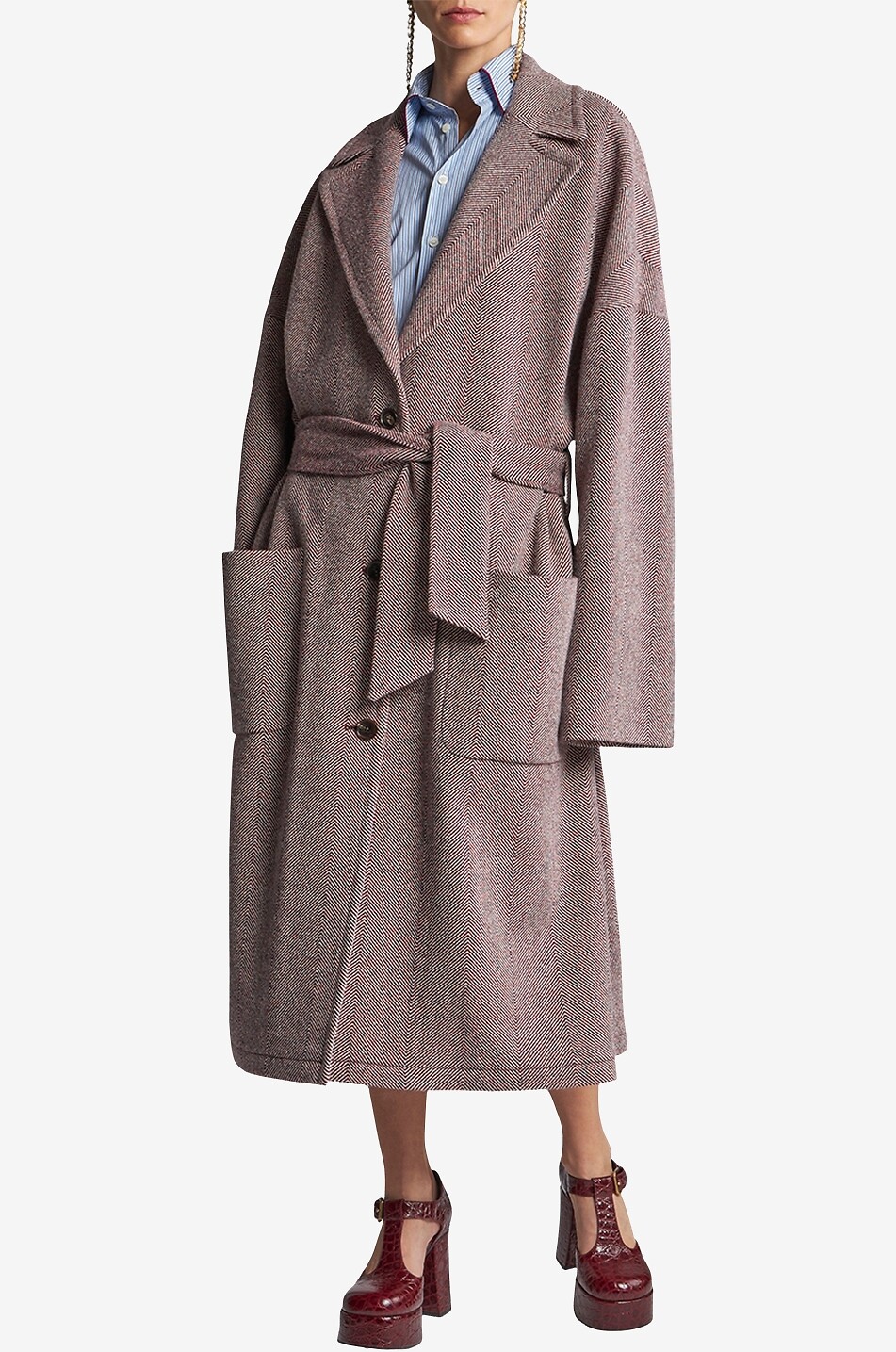 Manteau oversize en tweed à chevrons avec ceinture