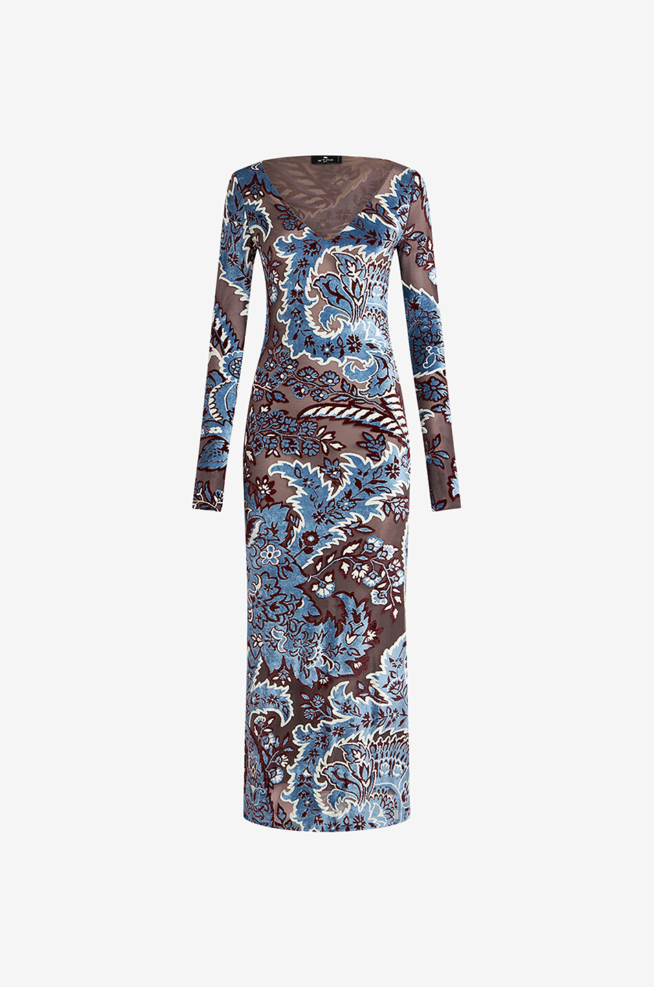 Paisley patterned sheer dévoré velvet sheath dress