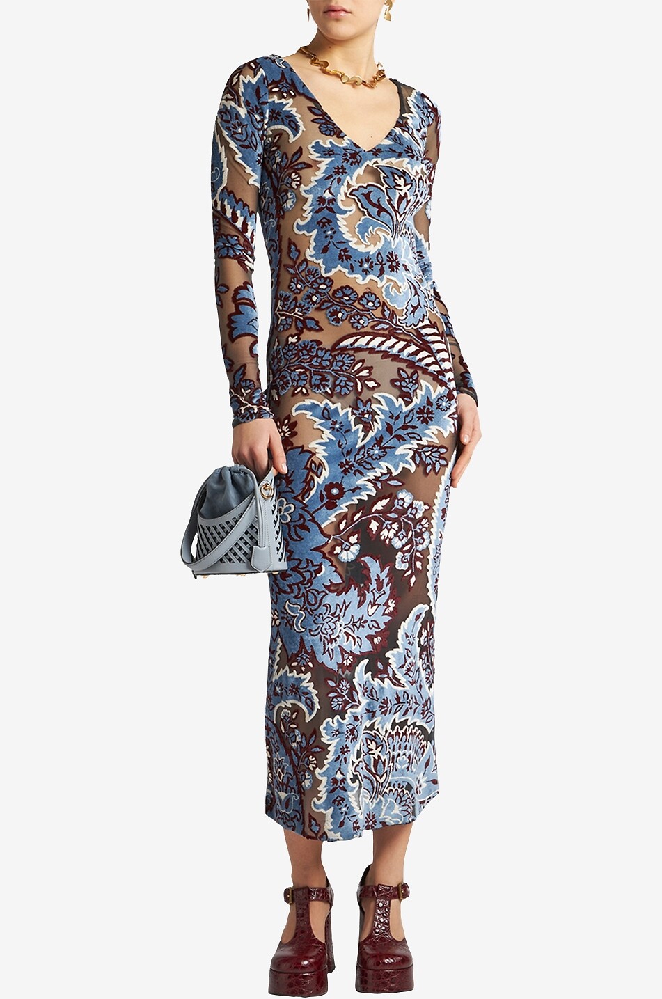 Transparentes Schlauchkleid aus Dévoré-Samt mit Paisley-Motiv