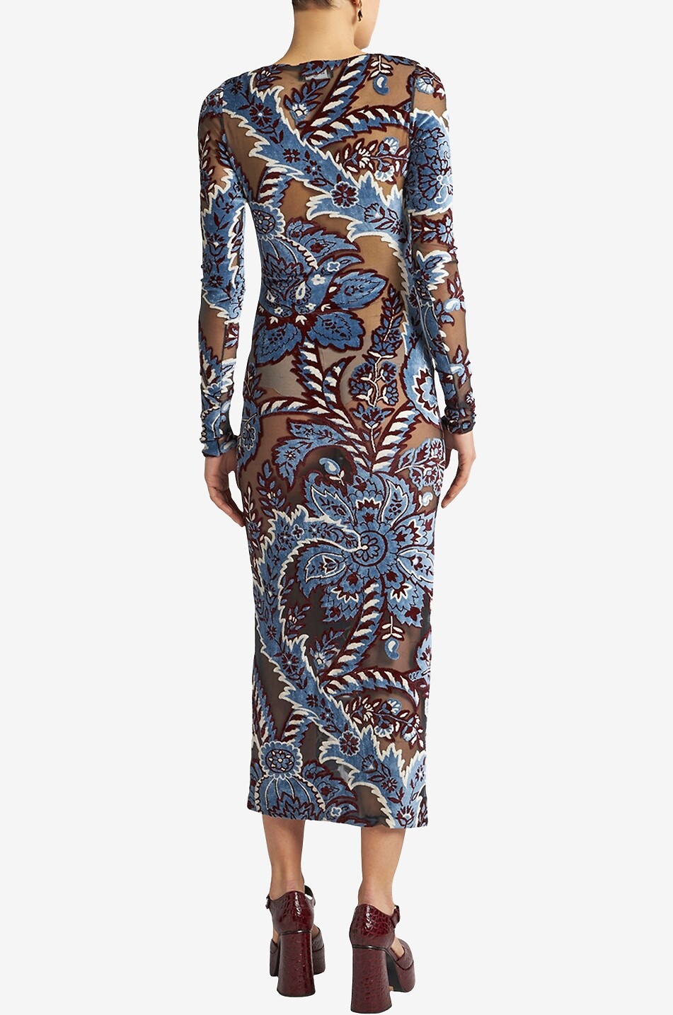 Paisley patterned sheer dévoré velvet sheath dress