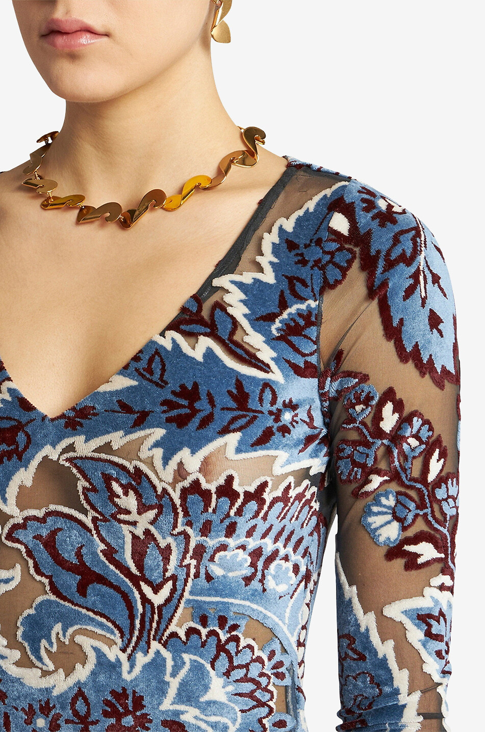 Paisley patterned sheer dévoré velvet sheath dress