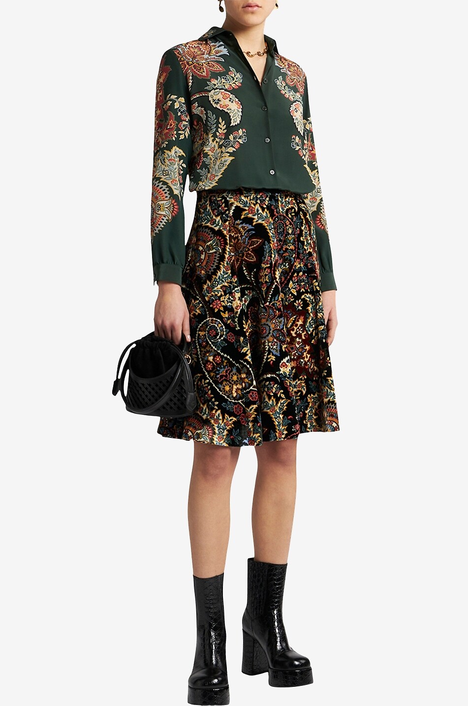 Kurzer A-förmiger Samtrock mit Paisley-Blütenprint