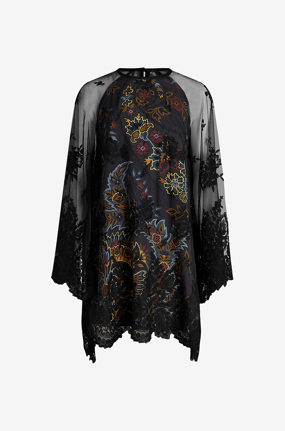 A-förmiges Minikleid aus bedrucktem Crêpe und Spitze