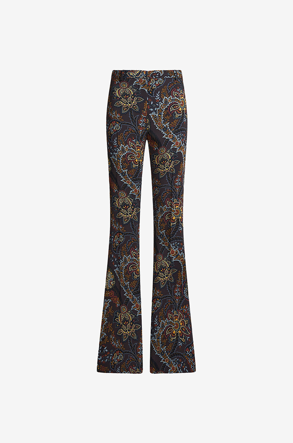 Floral Paisley print adorned flared viscose stretch trousers
