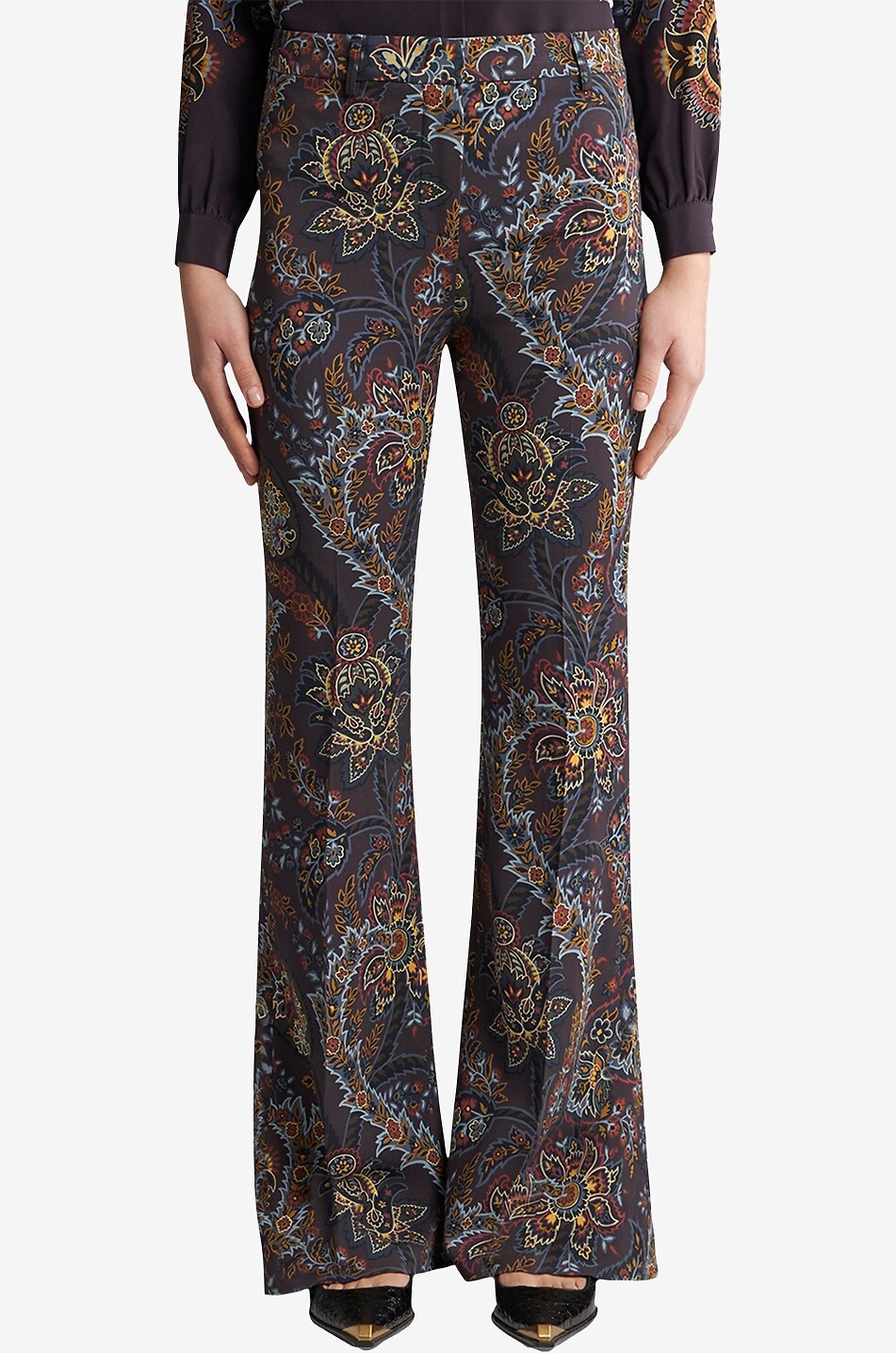 Floral Paisley print adorned flared viscose stretch trousers