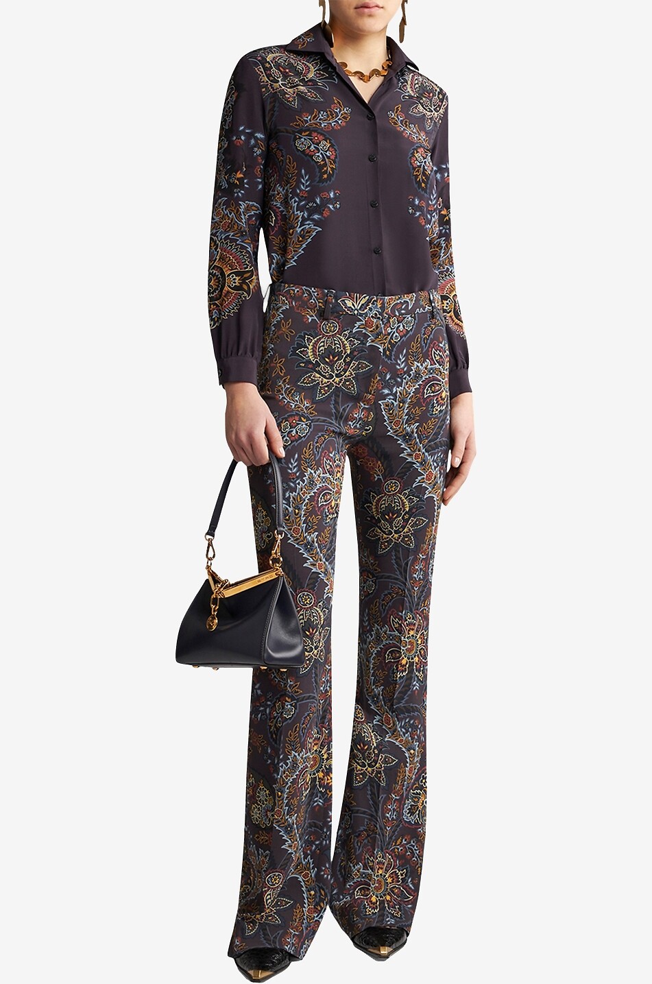 Floral Paisley print adorned flared viscose stretch trousers