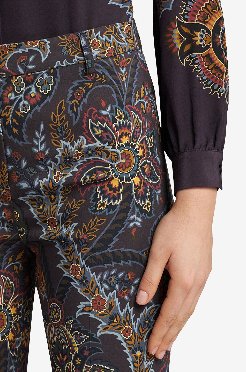Floral Paisley print adorned flared viscose stretch trousers