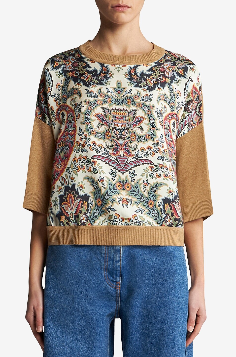 Floral Paisley silk twill pannel fine-gauge jumper