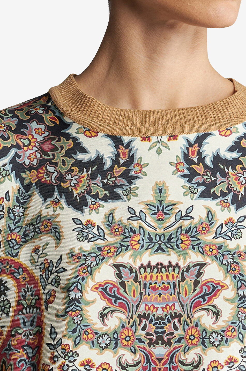 Floral Paisley silk twill pannel fine-gauge jumper