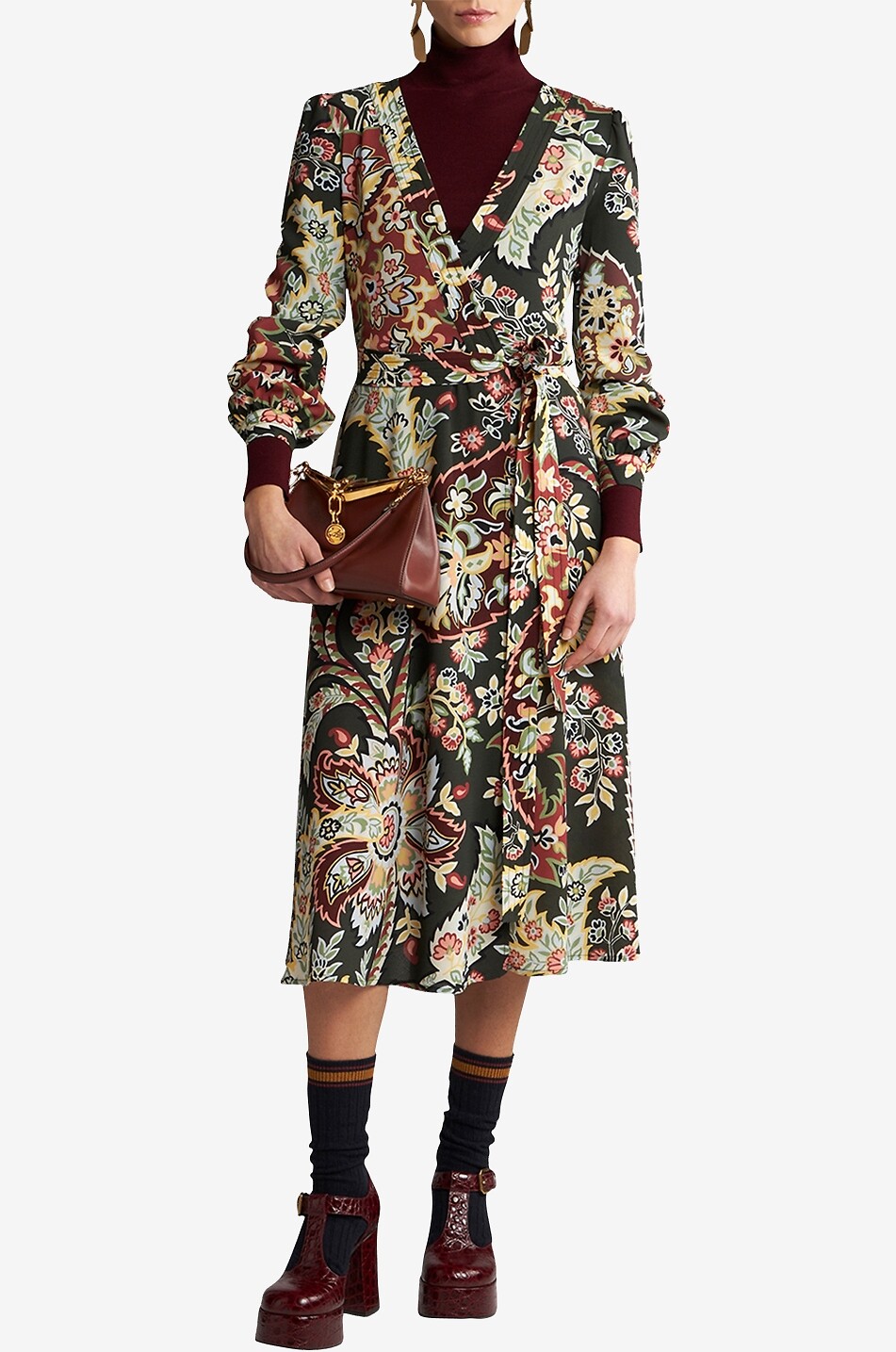Robe portefeuille midi en crêpe imprimée Paisley Fleuri