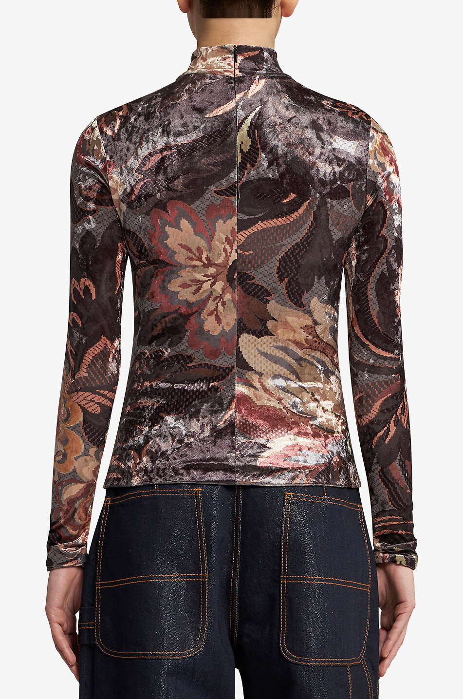 Top ajusté à col montant en chenille motif fleurs