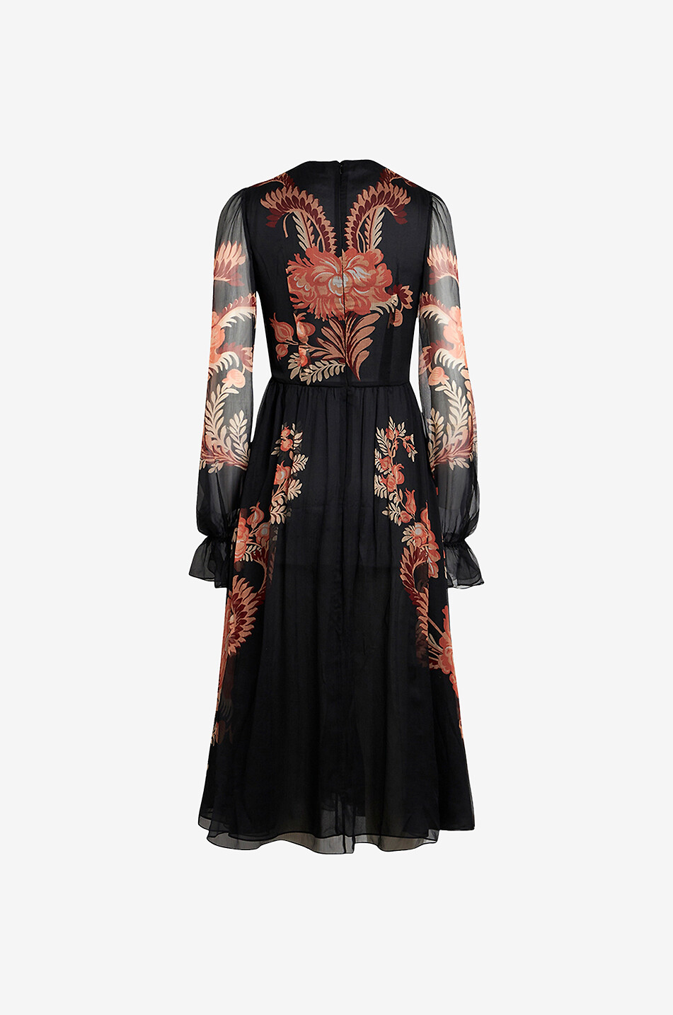 Robe midi drapée évasée en georgette de soie imprimée feuillage