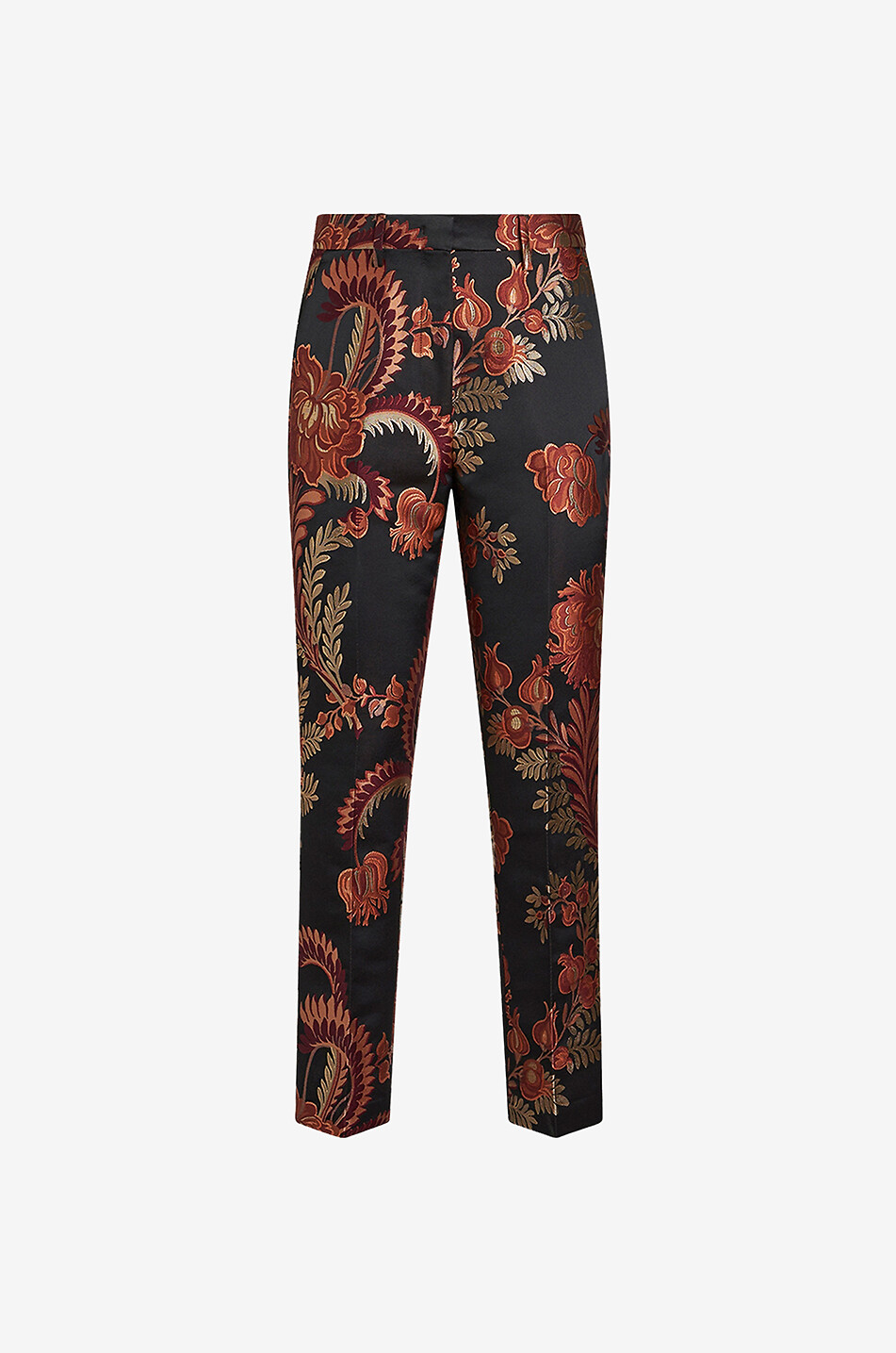 Pantalon cigarette en jacquard motif feuillage fleuri