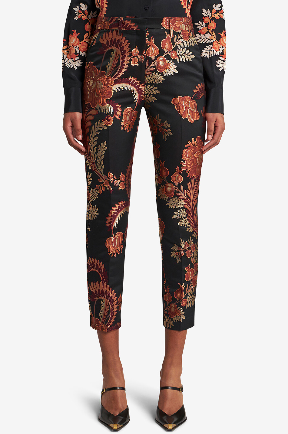 Pantalon cigarette en jacquard motif feuillage fleuri