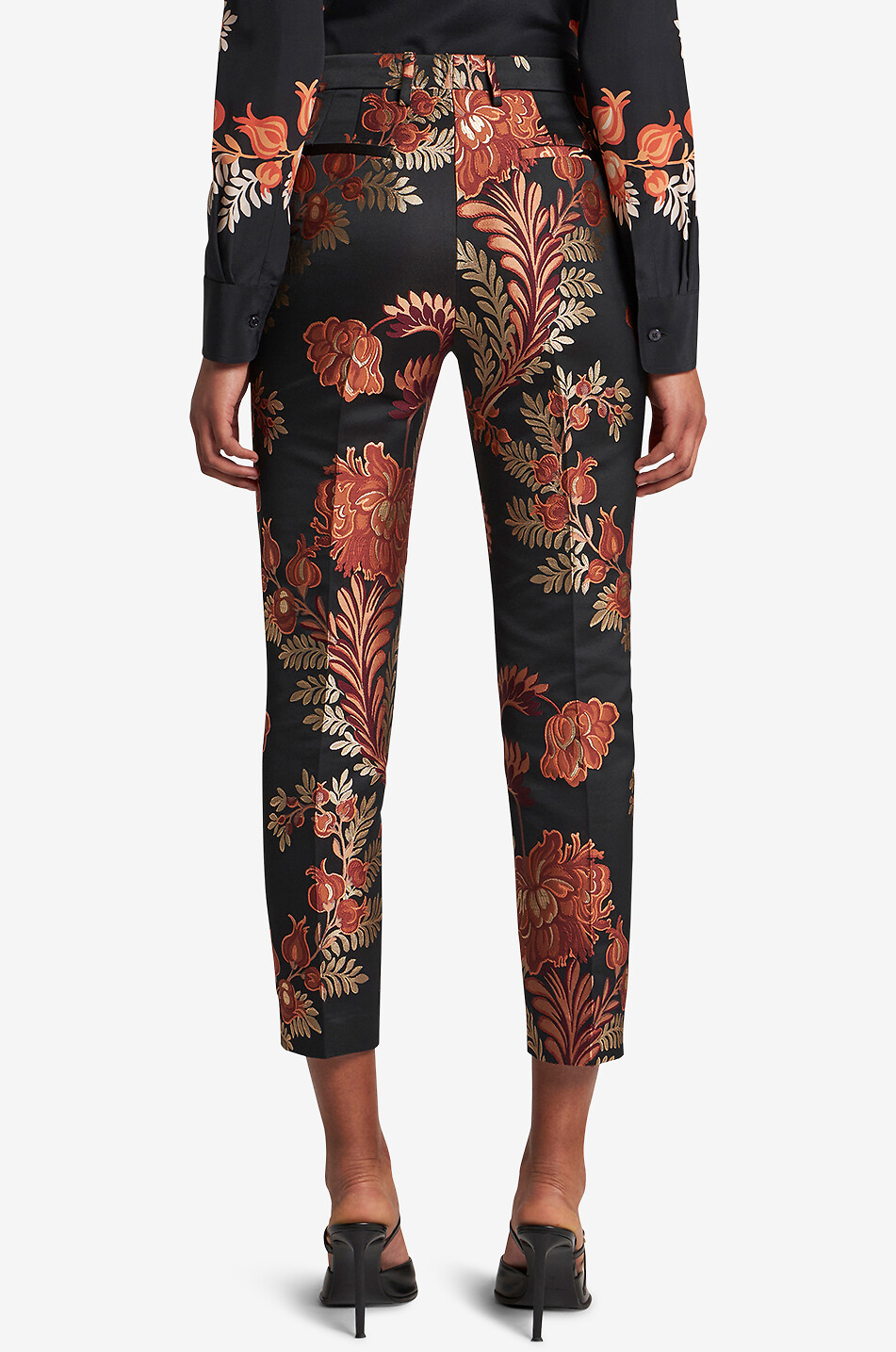 Pantalon cigarette en jacquard motif feuillage fleuri