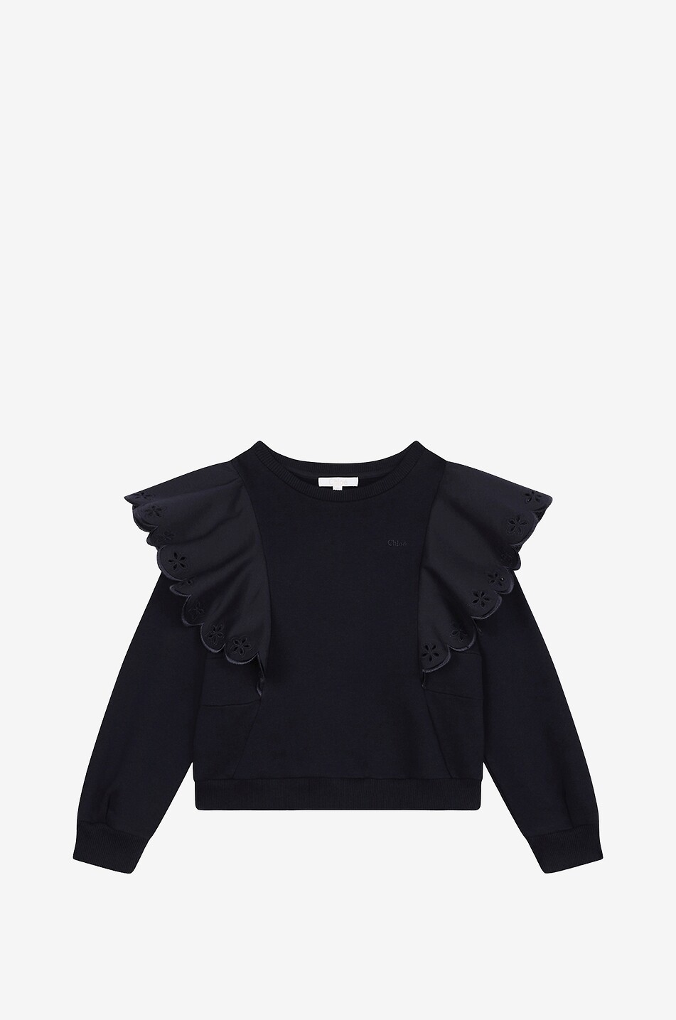 Embroidered ruffle adorned girl's crewneck sweatshirt