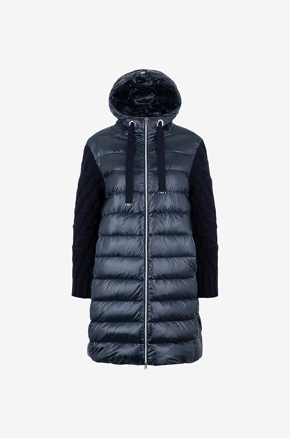 Lange leichte Daunenjacke mit Kapuze und Tunnelzug