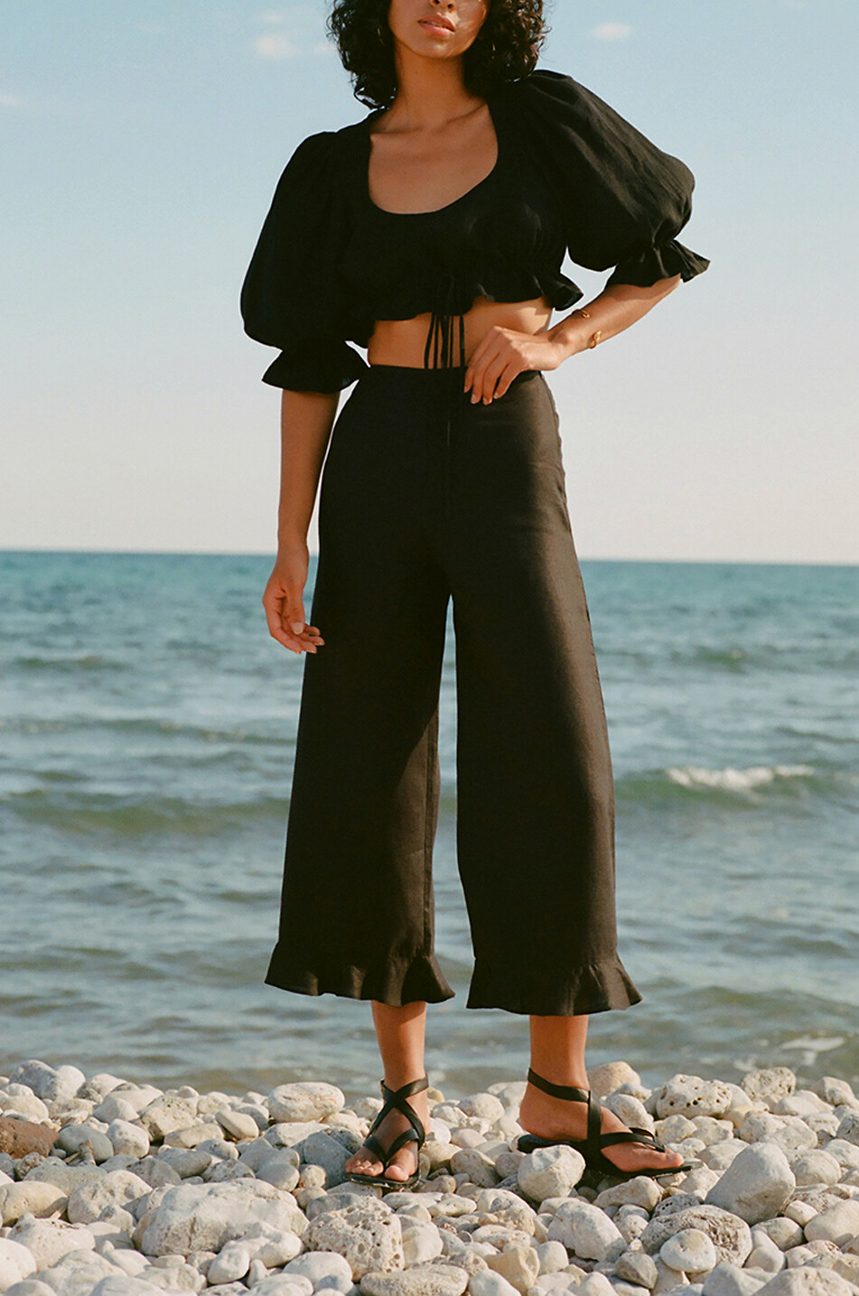 Jupe large raccourcie taille haute en lin Clara Ruffled