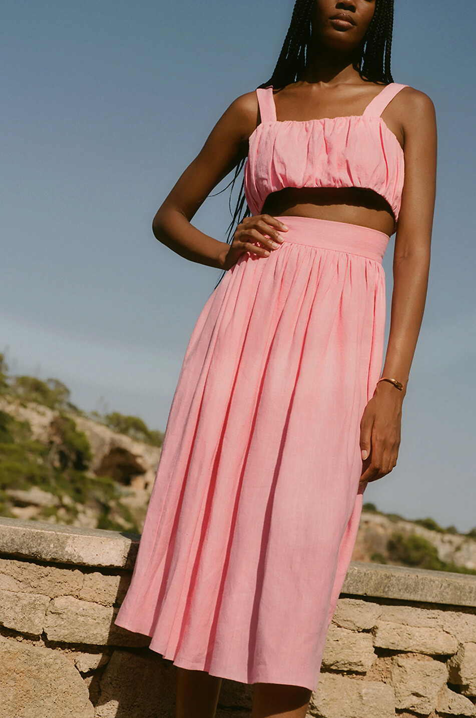 Pink linen midi skirt hotsell