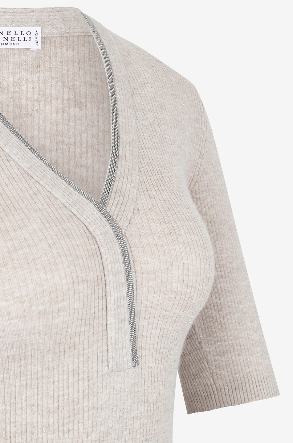 BRUNELLO CUCINELLI Pull fin côtelé en cachemire à manches courtes et col V croisé Monile Femme BEIGE 3