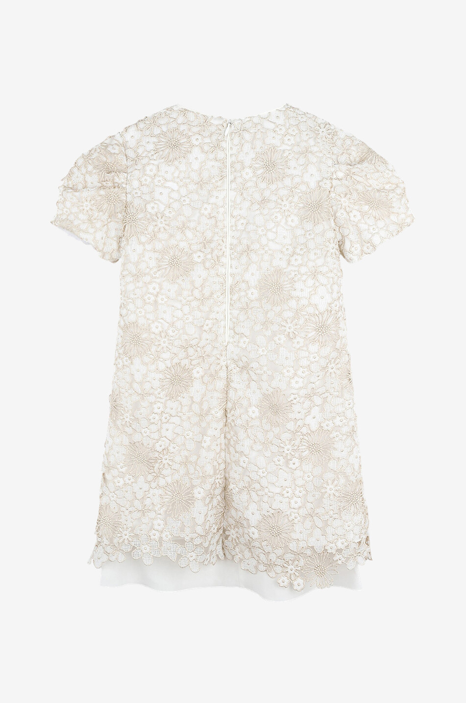 Kurzes Mädchenkleid aus goldener Klöppelspitze mit Logostickerei