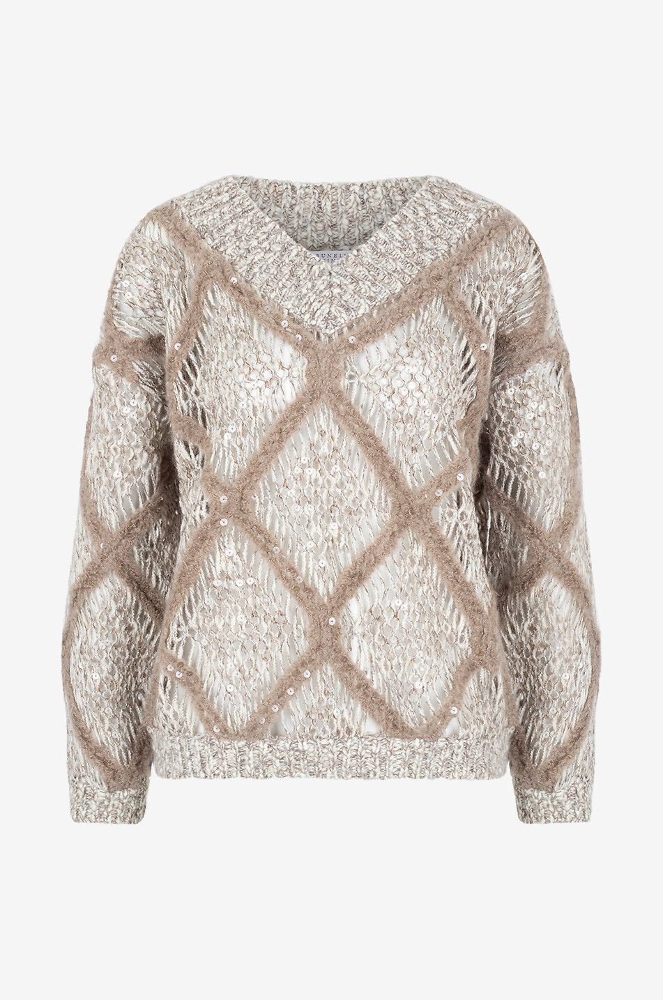 Sparkling diamond patterned openwork knit alpaca jumper