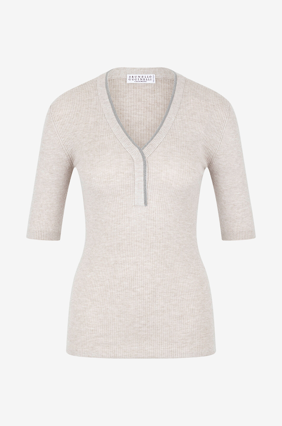BRUNELLO CUCINELLI Pull fin côtelé en cachemire à manches courtes et col V croisé Monile Femme BEIGE 1