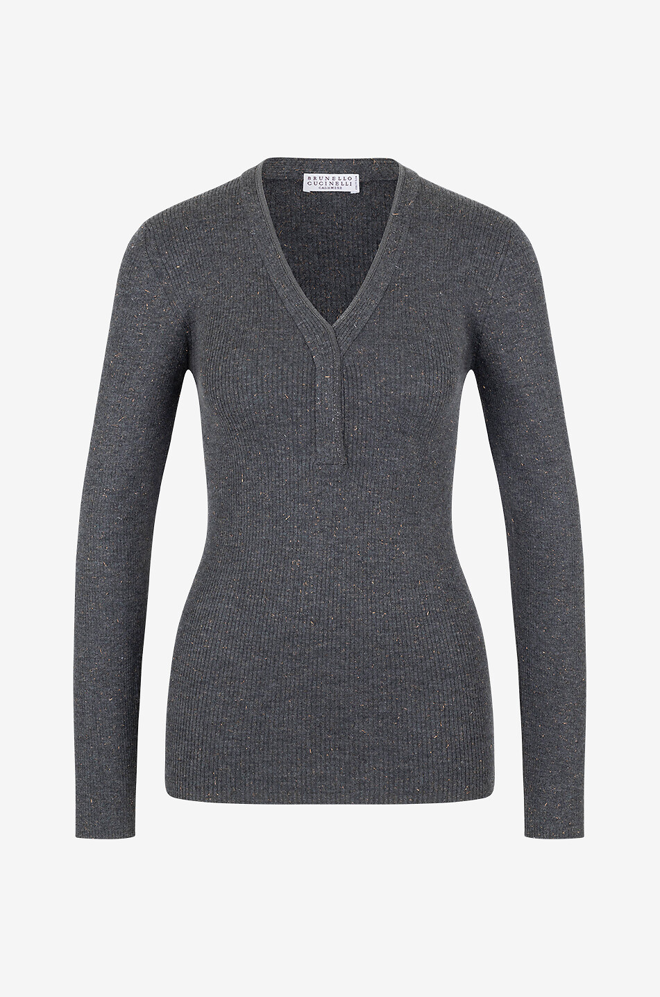 BRUNELLO CUCINELLI Fein gerippter Kaschmir-Pullover mit V-Ausschnitt Monile Damen DUNKELGRAU 1