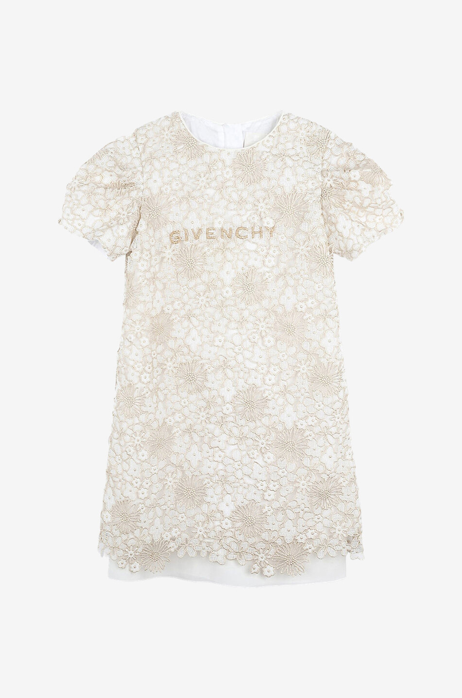 Kurzes Mädchenkleid aus goldener Klöppelspitze mit Logostickerei