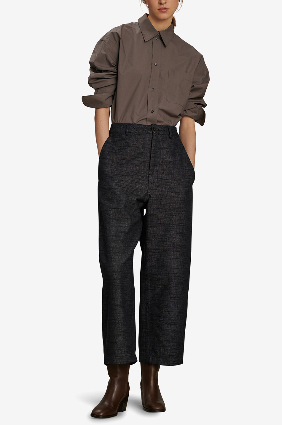 SOEUR Pantalon large taille haute en coton et soie flammés Clovis Femme BLEU FONCE 2