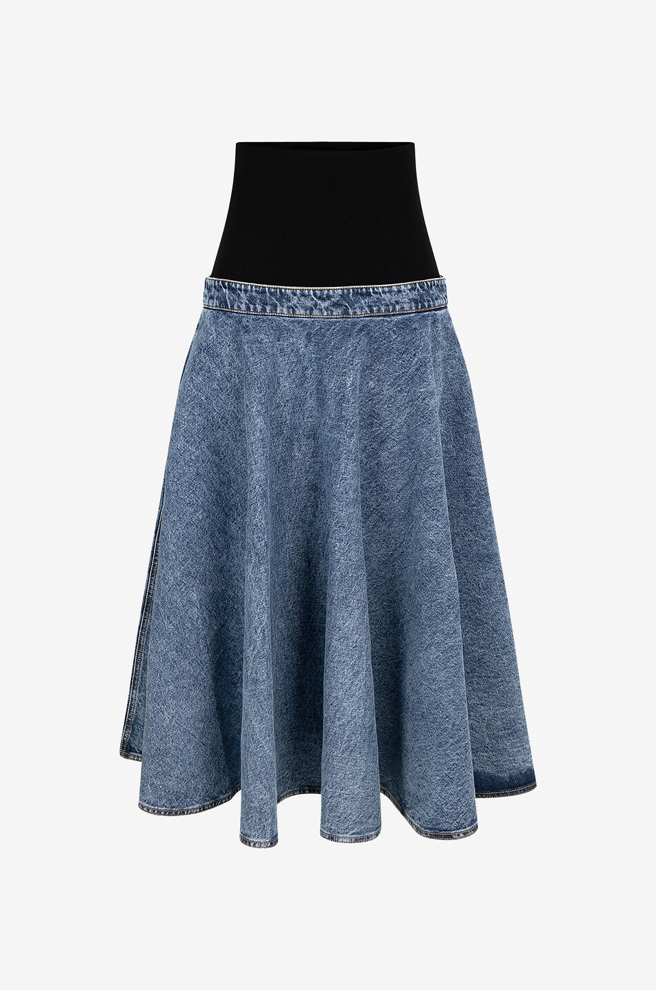 Voluminous flared denim skirt with knit waist