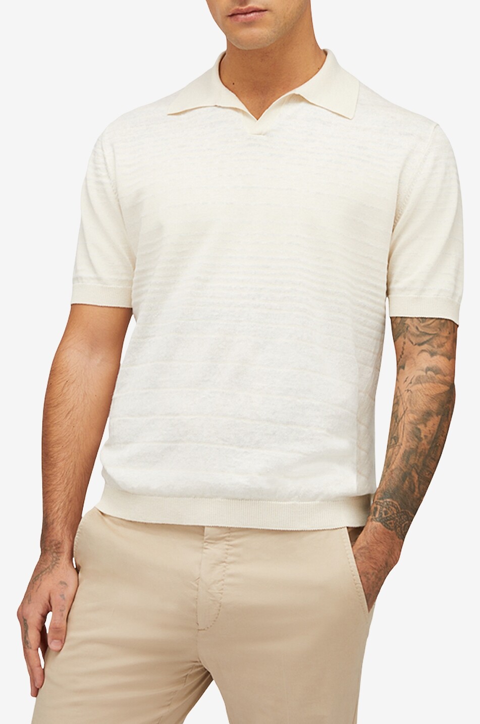 MAURIZIO BALDASSARI Linen and silk short-sleeved striped knit polo shirt Men EGGSHELL 3