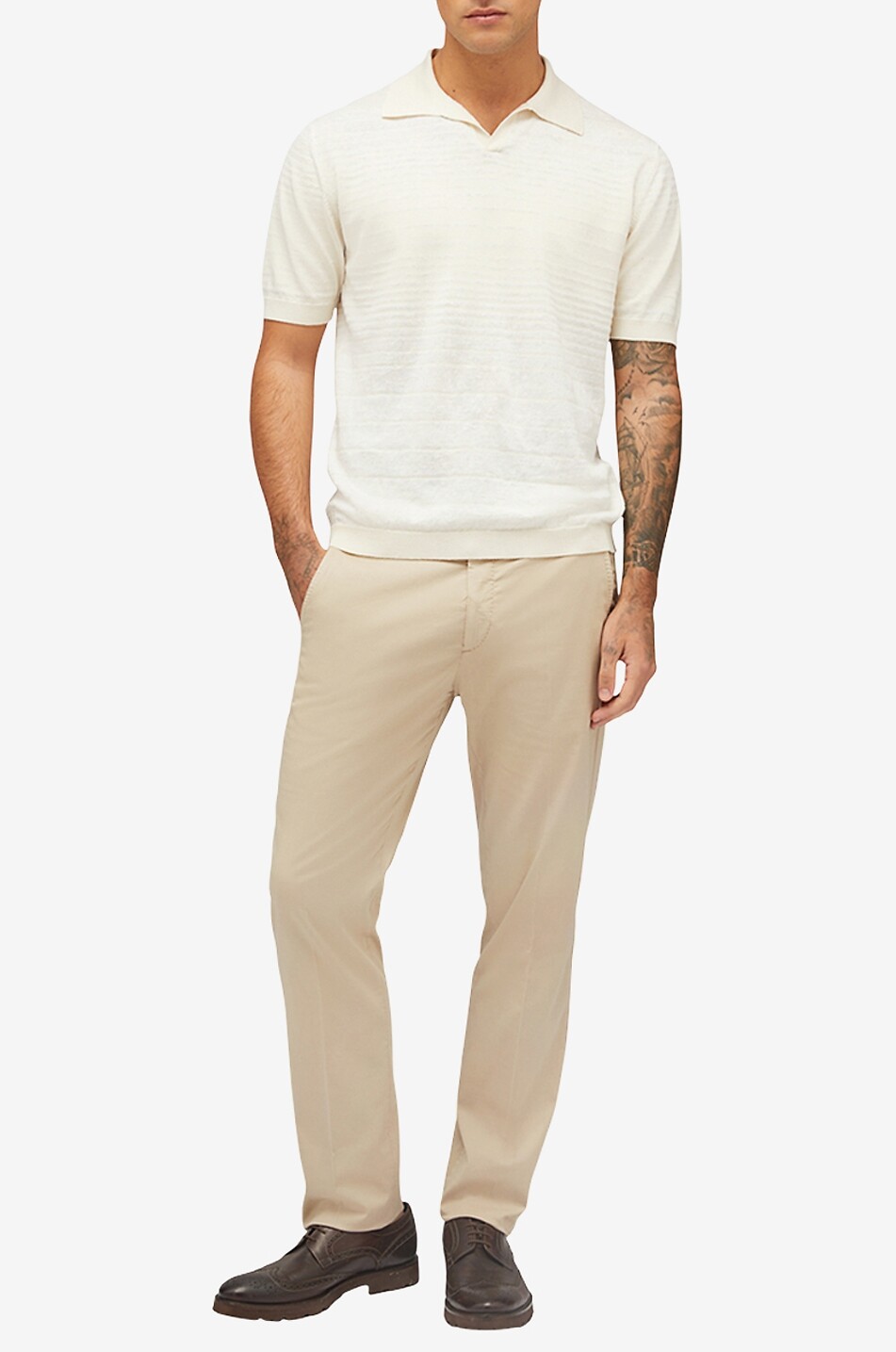 MAURIZIO BALDASSARI Linen and silk short-sleeved striped knit polo shirt Men EGGSHELL 5