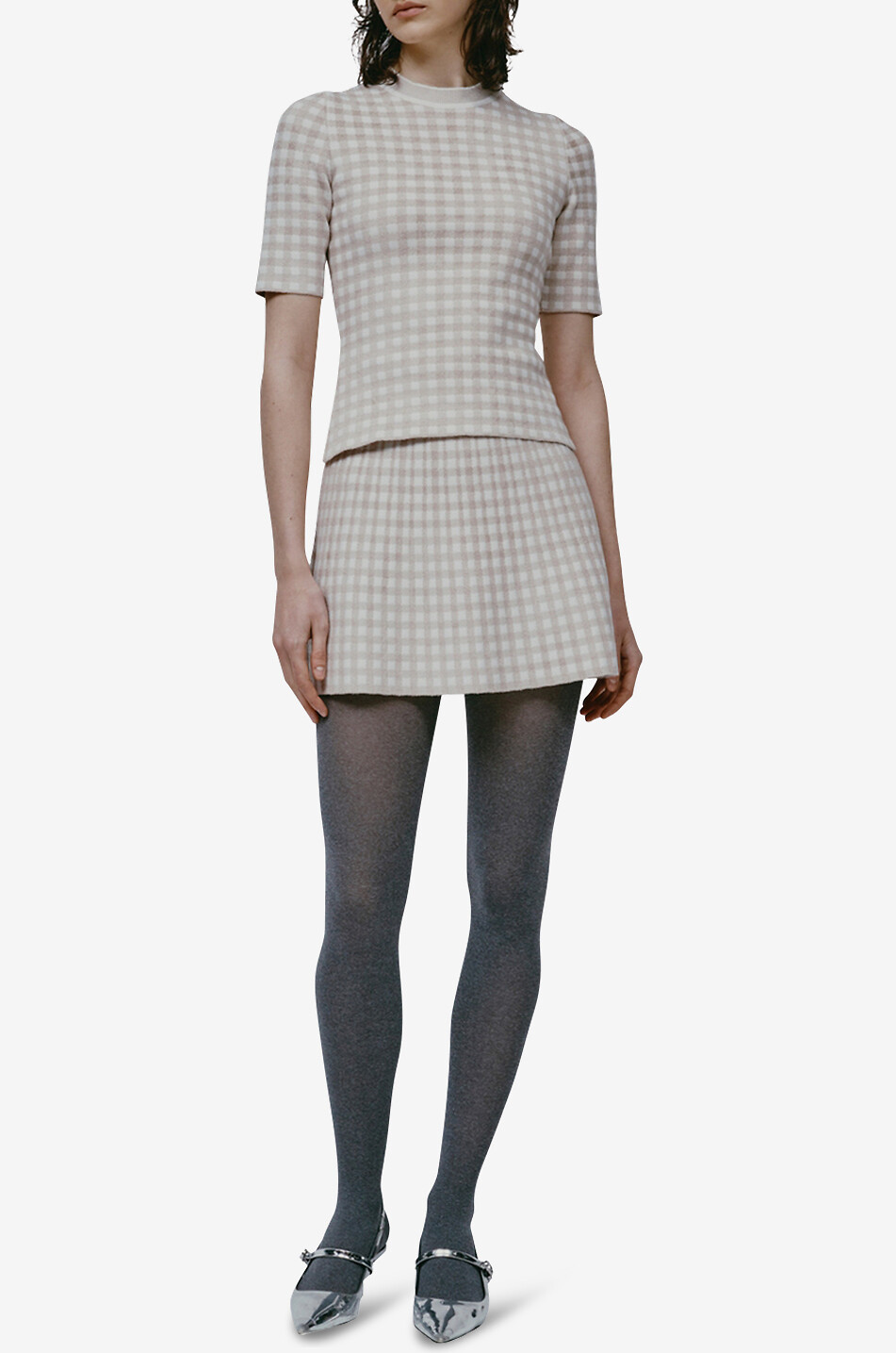 ANTONINO VALENTI Kim fitted short-sleeved jumper with gingham checks Women Light beige 3