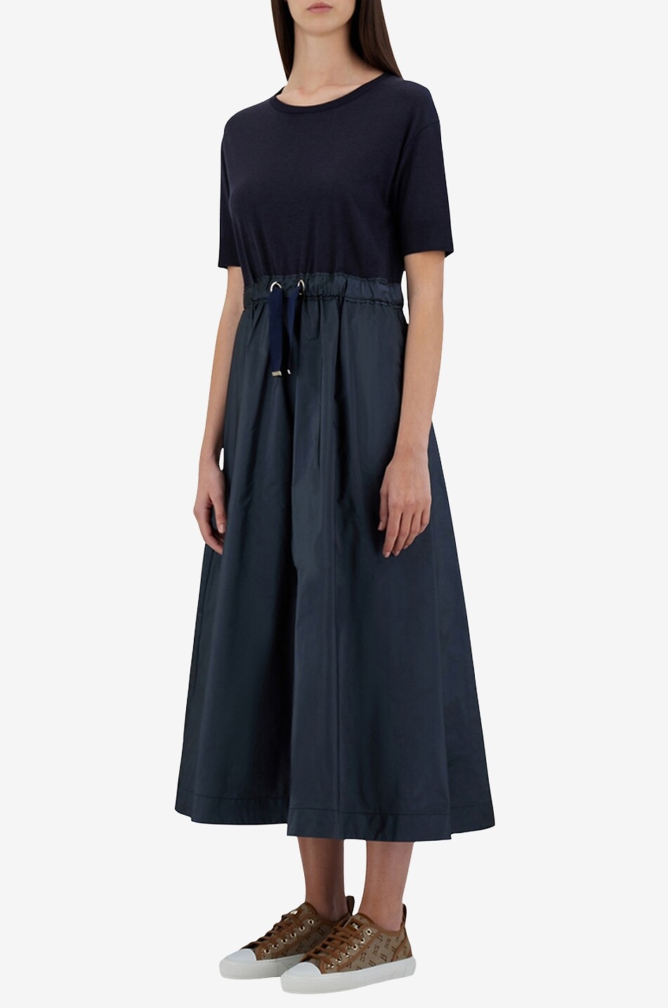 HERNO Glam Knit Effect Techno Taffeta bi-material midi dress Women DARK BLUE 4