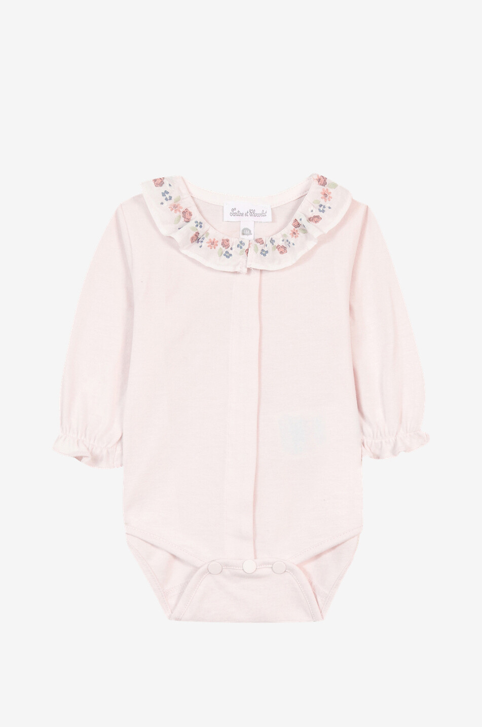 Baby bodysuit with flower embroidered ruffle collar