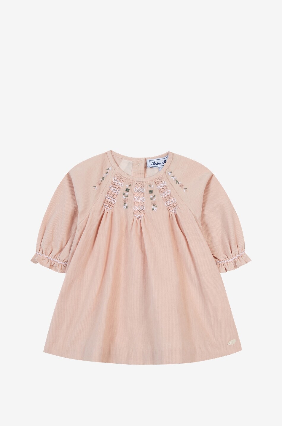 Kleid für Babys aus Cordsamt mit Stickereien und Raffungen