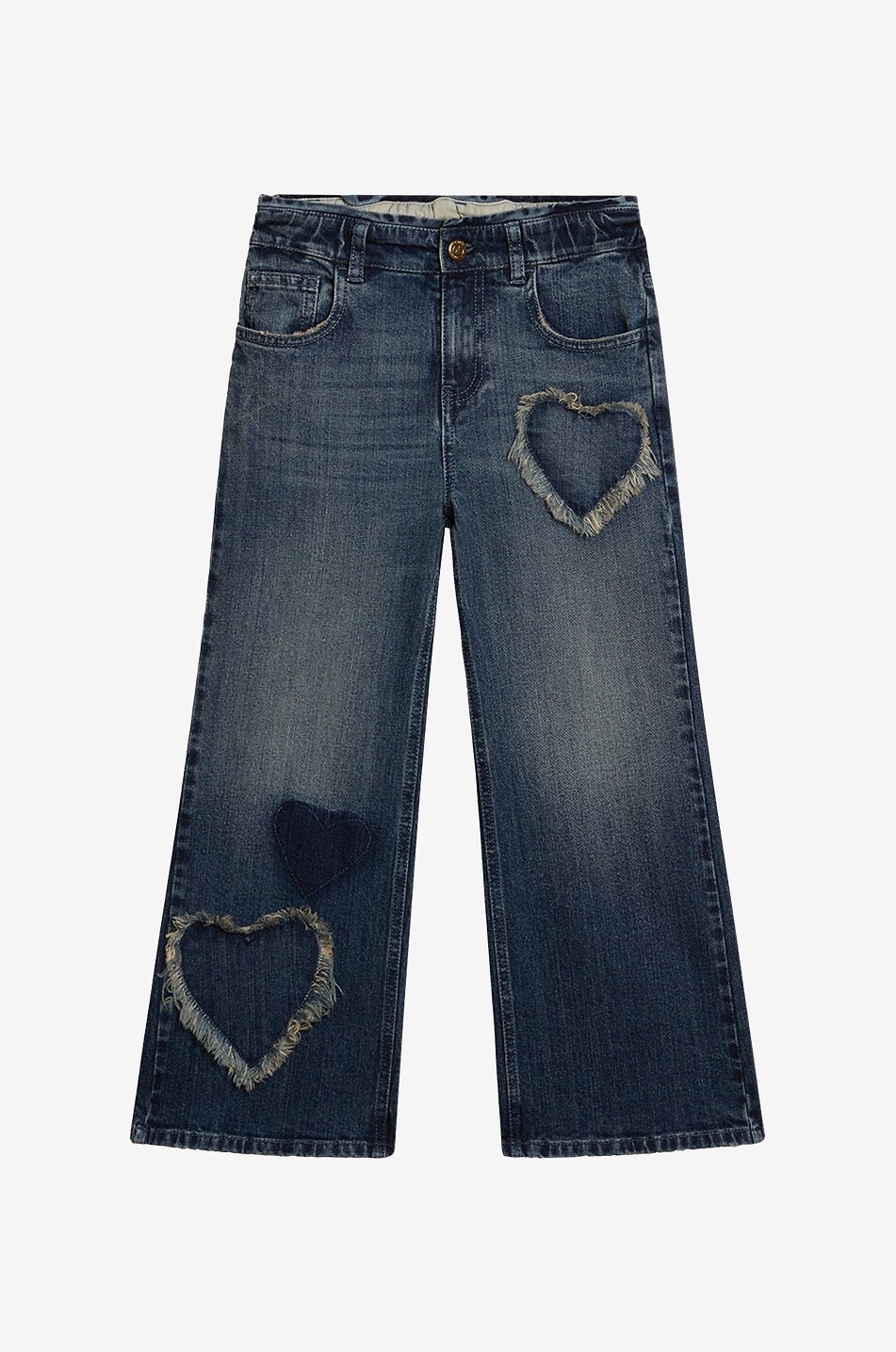 Heart patch adorned girl's faded wide-leg jeans