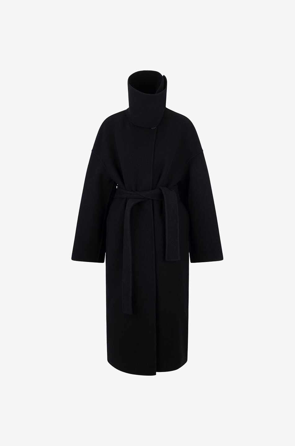 Belted double-layer wool coat with large collar