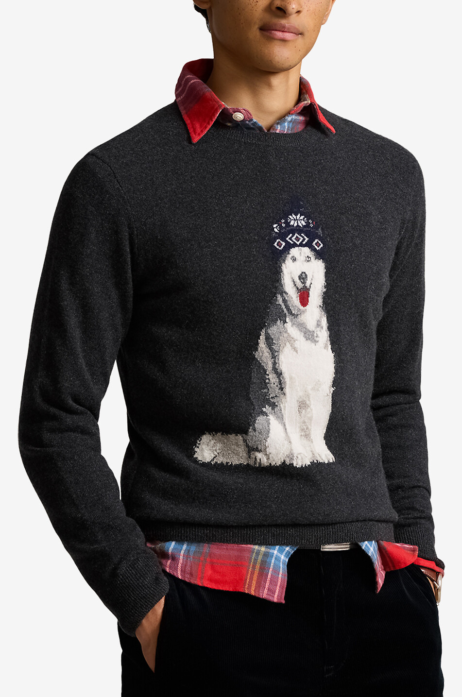 POLO RALPH LAUREN Dog intarsia jacquard knit cashmere jumper Men DARK GREY 2
