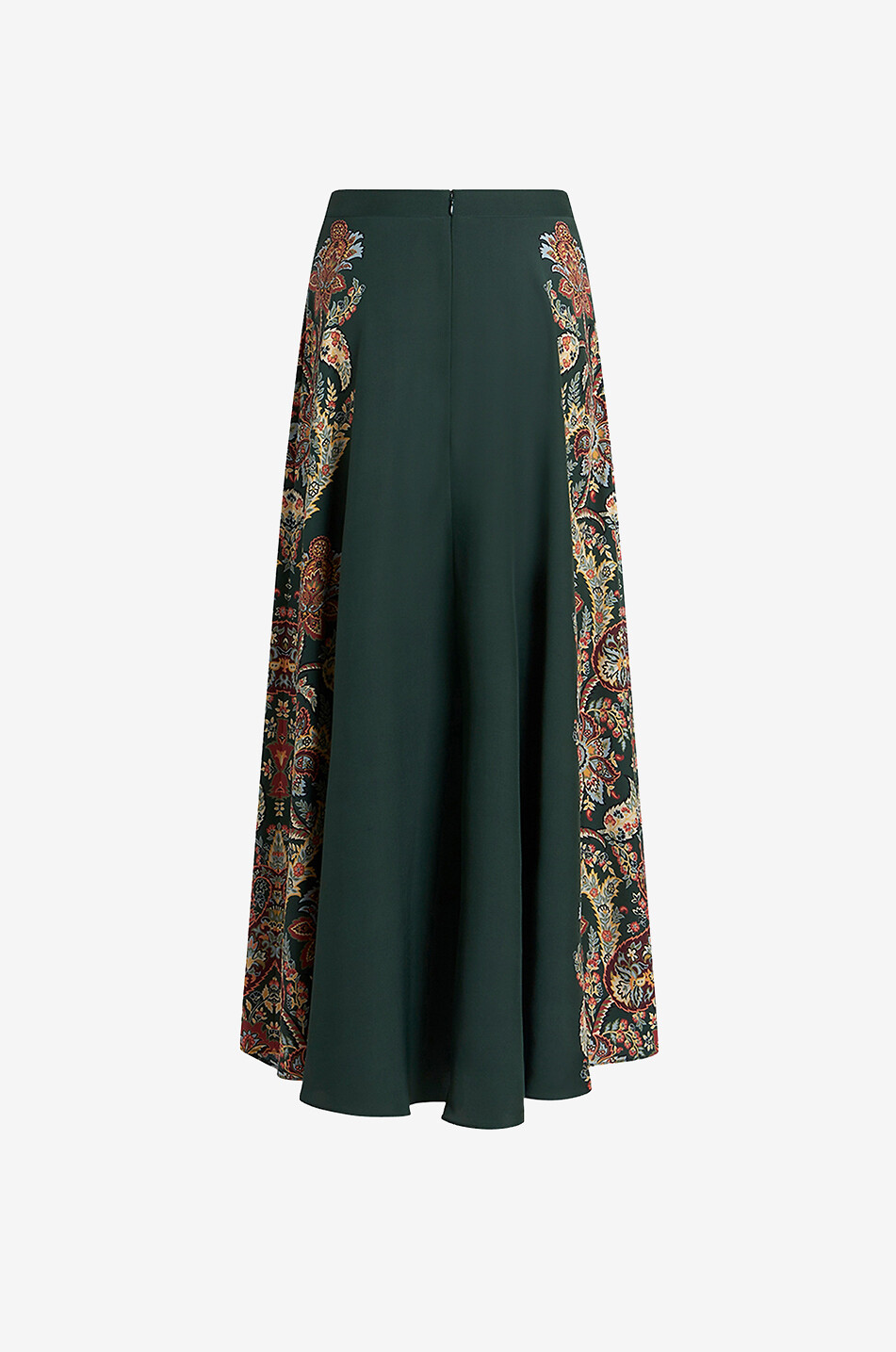 Ausgestellter langer Seidenrock mit floralem Paisley-Print