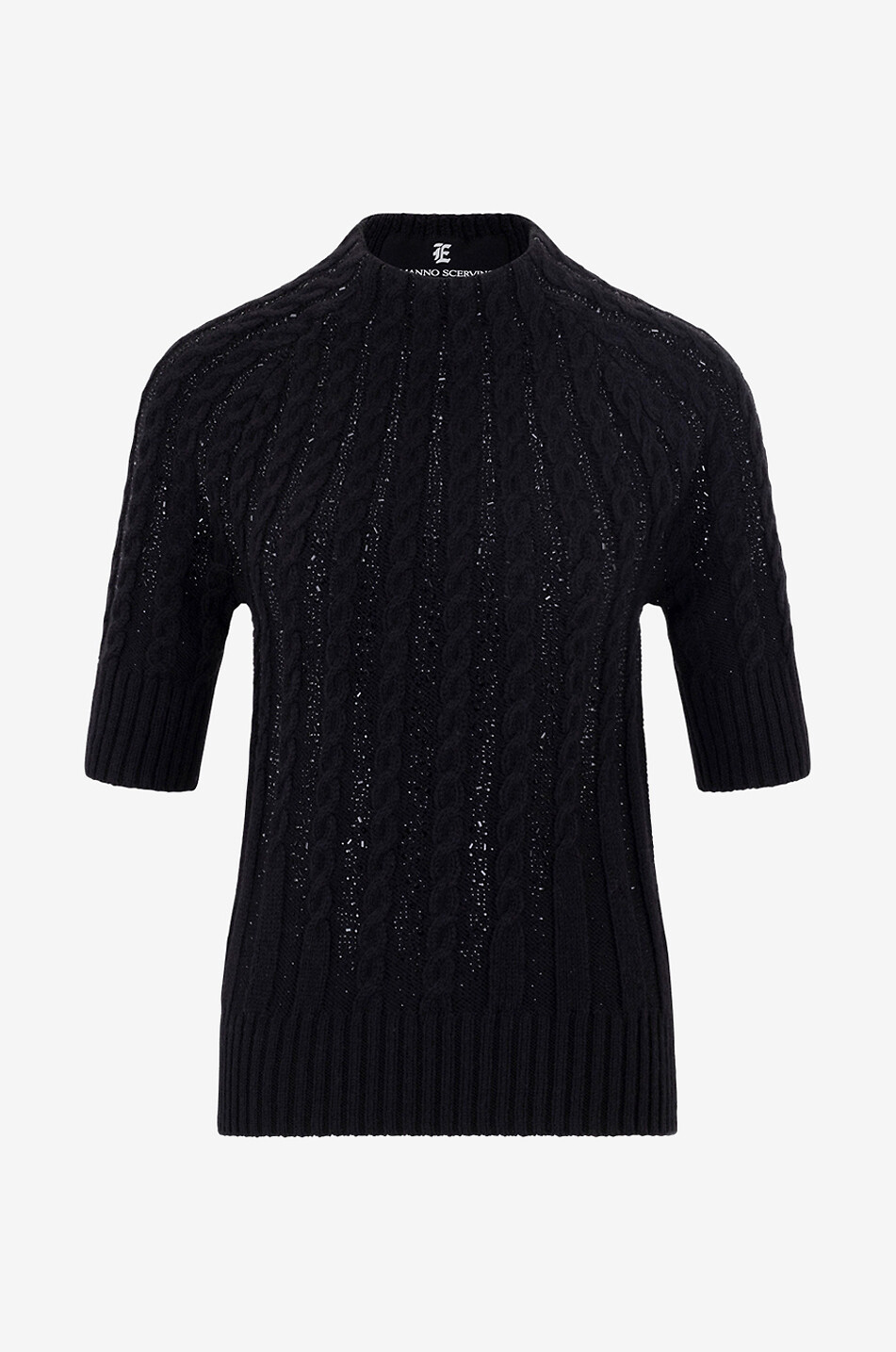 Pull torsadé à manches courtes et col entonnoir orné de cristaux